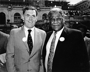 Mayor Raymond L. Flynn and Chicago Mayor Harold Washington at rally for "fair federal budget"