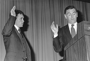 Mayor Raymond L. Flynn swearing in Police Commissioner Francis "Mickey" Roache