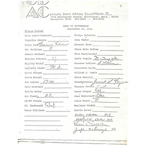 Meeting minutes, Community District Advisory Council - District VI, September 17, 1981.