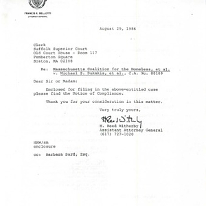 Notice of Compliance for the case Massachusetts Coalition for the Homeless, et al. v. Michael S. Dukakis, et al., C.A. No. 80109