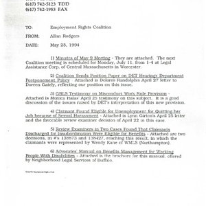 Packet of information from Allan Rodgers of the Massachusetts Law Reform Institute to the Employment Rights Coalition