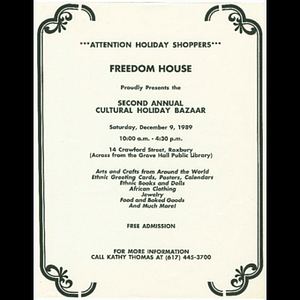 Flier announcing the Freedom House second annual Cultural Holiday Bazaar