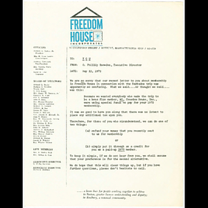 Letter from Otto Phillip Snowden concerning Freedom House membership