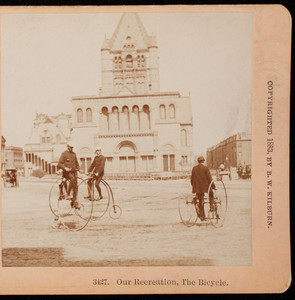 Men with bicycles in front of Trinity Church, Boston, Mass.