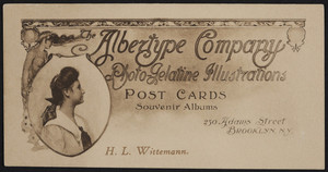 Trade card for The Albertype Company, photo-gelatine illustrations, post cards, souvenir albums, 250 Adams Street, Brooklyn, New York, undated