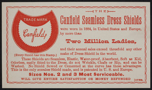 Trade card for Canfield Seamless Dress Shields, The Canfield Rubber Co., Bridgeport, Connecticut, 1885-1886