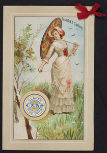 Trade card for Clark's O.N.T. Spool Cotton, location unknown, 1882