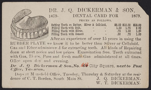 Trade card for Dr. J.Q. Dickerman & Son, No. 64 City Square, Taunton, Mass., 1879