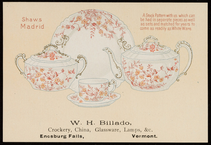 Trade card for W.H. Billado, crockery, china, glassware, lamps, etc., Enosburg Falls, Vermont, 1894