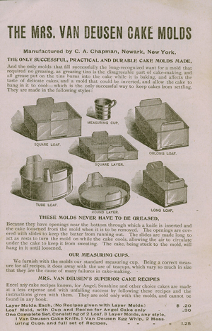 Advertisement for The Mrs. Van Beusen Cake Molds, manufactured by C. A. Chapman, Newark, New York, undated