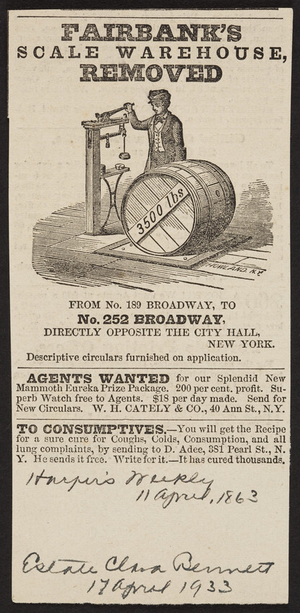 Advertisement for Fairbank's Scale Warehouse, No. 252 Broadway, opposite The City Hall, New York, New York, April 11, 1863