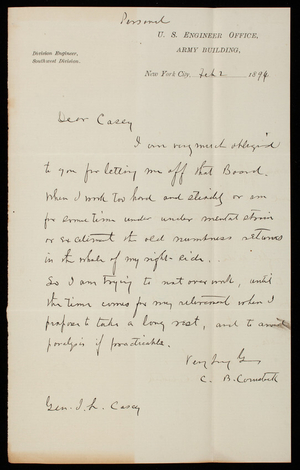 [Cyrus] B. Comstock to Thomas Lincoln Casey, February 2, 1894