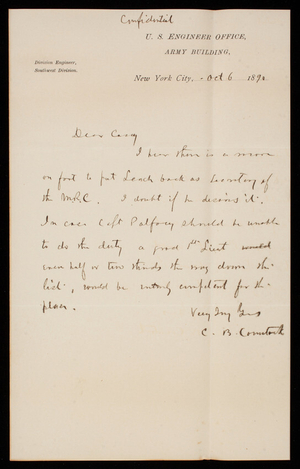 [Cyrus] B. Comstock to Thomas Lincoln Casey, October 6, 1890 (1)