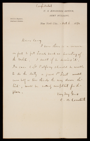 [Cyrus] B. Comstock To Thomas Lincoln Casey, October 6, 1890 (1 ...