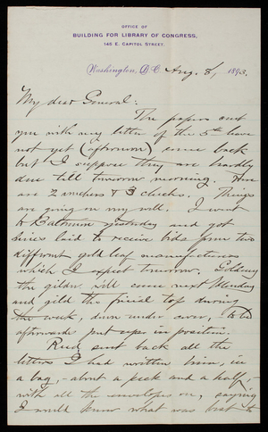 [Bernard. R.] Green to Thomas Lincoln Casey, August 8, 1893