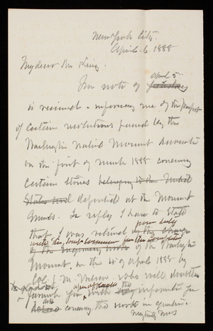 Thomas Lincoln Casey to [Horatio] King, April 6, 1888 [draft]