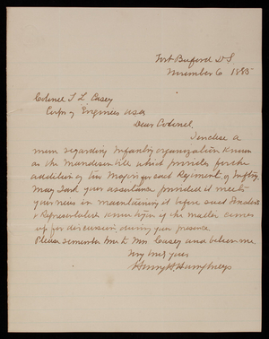 Henry H. Humphries to Thomas Lincoln Casey, November 6, 1885