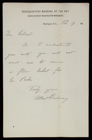 Albert Ordway to Thomas Lincoln Casey, February 19, 1885
