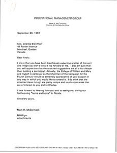 Letter from Mark H. McCormack to Mrs. Charles Bronfman