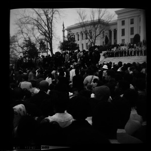 Crowd watching Martin Luther King speak from the Alabama state capitol steps