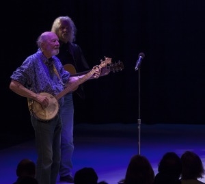 Pete Seeger (banjo) and Arlo Guthrie (guitar) performing at Symphony Space, New York City, in a concert to pay tribute to George Wein