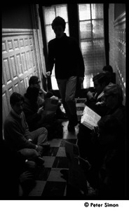 Protesters lining the hallways during the occupation of the University Placement Office, Boston University, opposing on-campus recruiting by Dow Chemical Co.