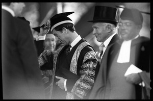 Prince Charles in academic regalia at the 350th anniversary celebration of Harvard University