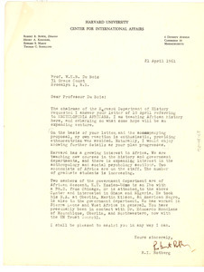 Letter from Harvard University Dept. of History to W. E. B. Du Bois