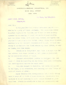 Letter from the Americo-Liberian Industrial Co. to W. E. B. Du Bois