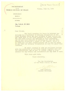 Letter from World Council of Peace to W. E. B. Du Bois