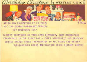 Telegram from Williamsburg Group Celebrating Negro History Month to W. E. B. Du Bois