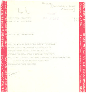 Telegram from Czechoslovak Peace Committee to Shirley Graham Du Bois