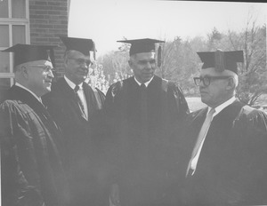 Charter Day: James Pollack, Charles Avila, Glenn Seaborg, and George Meany outside Totman Gymnasium