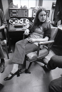 Bernadette Devlin McAliskey talking to reporters in the WBCN production room