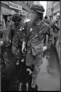 Vietnam Veterans Against the War demonstration 'Search and destroy': veteran (possibly W.B. Mabrin) leading march past Boylston Book Shop