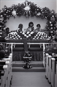 Duane Allman's funeral: Allman Brothers Band performing, from left, Jaimoe, Barry Oakley, Delaney Bramlett, Dickey Betts, and Butch Trucks, with Allman's casket in the foreground