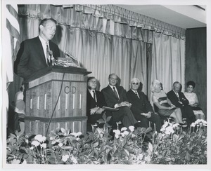 HEW secretary Robert H. Finch speaking at commencement exercises