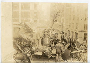 Beach Street Station accident, view from tracks of cars and crane