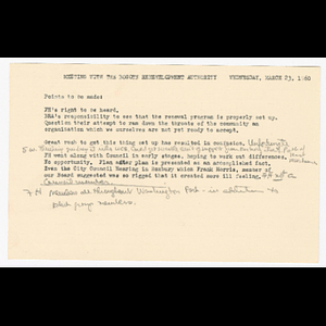 Notes for meeting with Boston Redevelopment Authority (BRA) to be held March 23, 1960