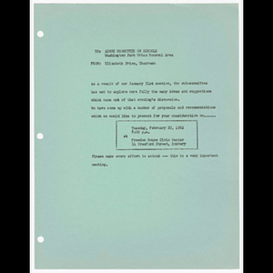 Memorandum from Elizabeth Price to ad hoc committee on schools about meeting on February 20, 1962