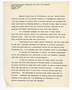 Statement by Citizens National Committee for Sacco and Vanzetti concerning Francis Fisher Kane, August 18, 1927