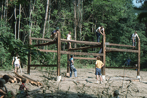 Barn wall framing coming together at the Moon Barn Raising at entrance to Hopkins Forest on 2 August 1975.