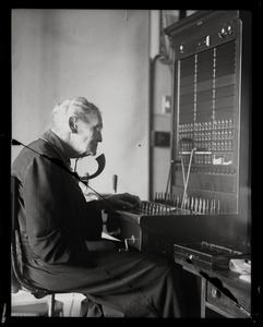Arvilla Sarepta Haynes, America's oldest telephone operator at her switchboard