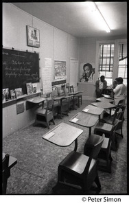 View of desks in the classroom, Liberation School, Boston, Mass.