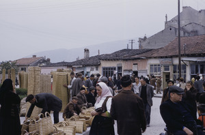 Selling baskets at Skopje open market