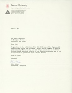 Letter from Ellen Miller to Judi Chamberlin