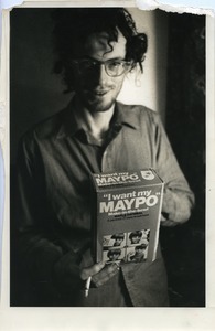 John Wilton with a box of Maypo, Montague Farm Commune