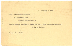 Telegram from W. E. B. Du Bois to Alice Davis Crawford