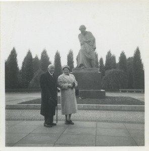 W. E. B. Du Bois and unidentified woman in front of a statue