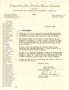 Circular letter from Independent Non-Partisan Citizens Committee for the Re-election of Councilman Benjamin J. Davis Jr. to unidentified correspondent